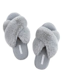 ULTRAIDEAS Women's Fuzzy Cross Band House Slippers with Cozy Faux Fur, Ladies Open Toe Indoor Outdoor Slip on Slippers