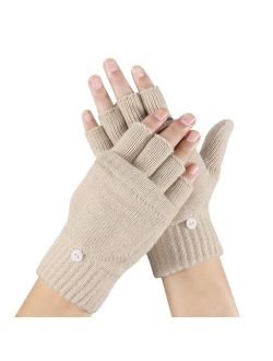Winter Fingerless Gloves for Men Women, Convertible Warm Half Finger Mitten Gloves Flip Top, Knitted Clamshell Gloves