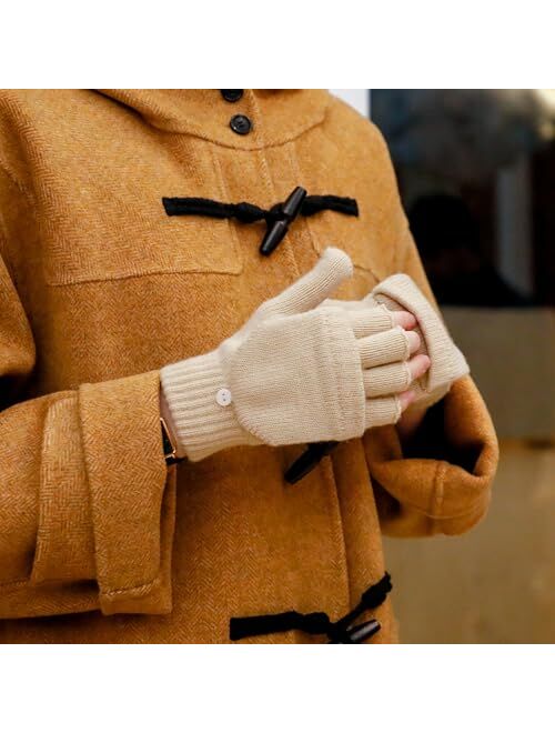 Achiou Winter Fingerless Gloves for Men Women, Convertible Warm Half Finger Mitten Gloves Flip Top, Knitted Clamshell Gloves