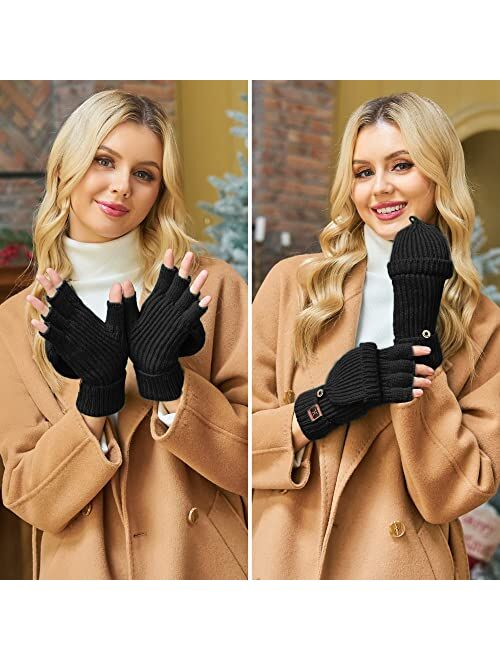 FZ FANTASTIC ZONE Womens Winter Knit Fingerless Work Gloves Convertible Mittens Warm for Cold day