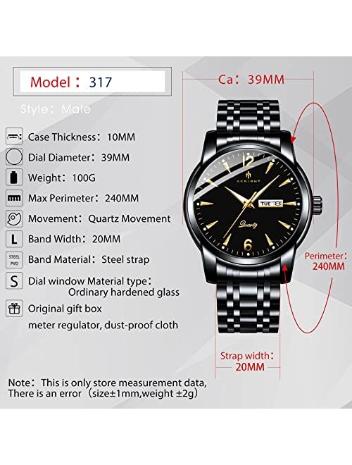 AKNIGHT Mens Watches Stainless Steel Watches for Men Waterproof Business Chronograph Quartz Analog Men's Wrist Watch, Minimalist Dress Watch