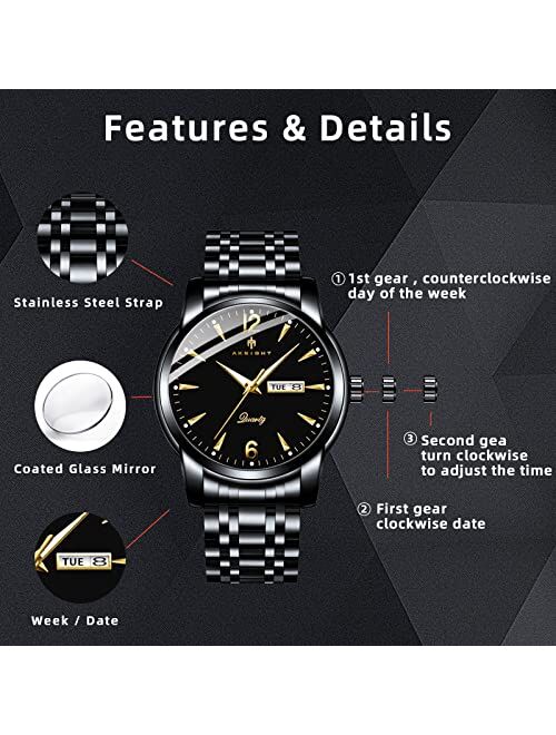 AKNIGHT Mens Watches Stainless Steel Watches for Men Waterproof Business Chronograph Quartz Analog Men's Wrist Watch, Minimalist Dress Watch