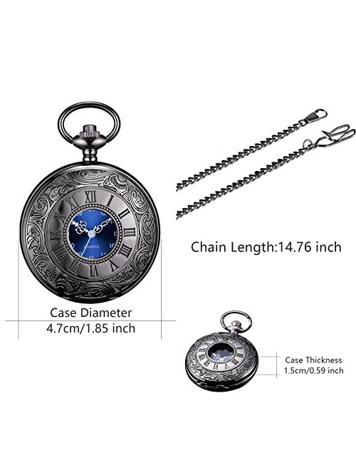 BOSHIYA Pocket Watches for Men Vintage Unique Blue Dial Roman Numerals Scale Black Quartz Pocket Watch with Chain for Christmas Graduation Birthday Gifts