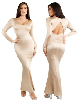 Popilush Shapewear Dress for Women - 6 in 1 Long Sleeve Elegant Formal Dress V-Nevk Cocktail Dress for Women