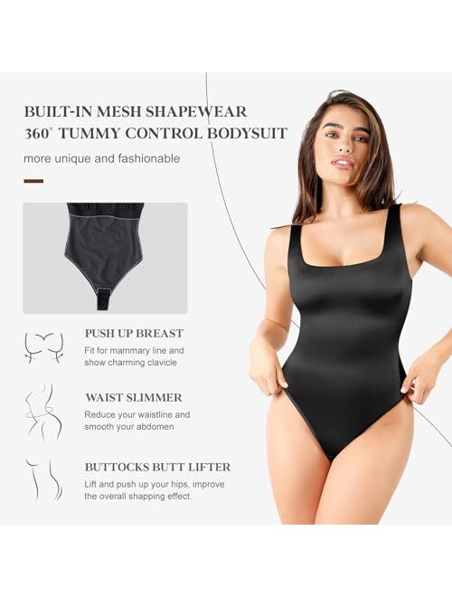 Popilush Square Neck Bodysuit for Women - Tummy Control Shapewear Sleeveless Low Back Thong Body Suits Going Out Tank Tops