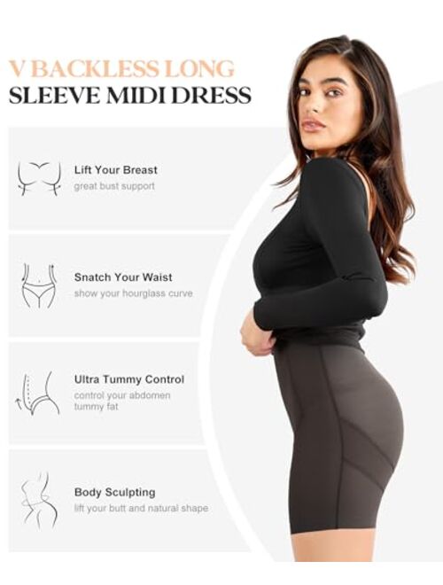 Popilush Long Sleeve Backless Shaper Dress with Built in Shapewear Midi Bodycon Dress Winter Dresses for Curvy Women