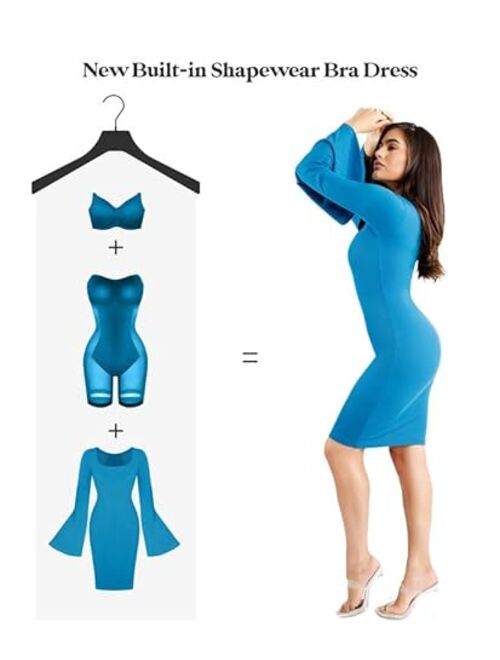 Popilush Shaper Fall Dress for Womens - Bell Long Sleeve Square Neck Mini Dress Built in Shapewear Bra Elegant Cocktail Dress