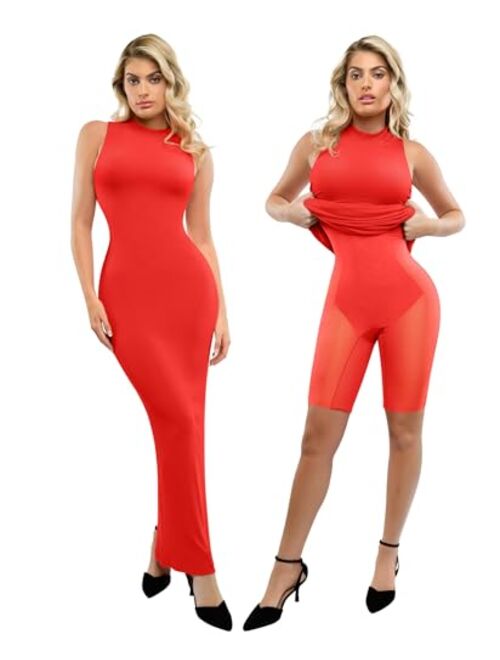 Popilush Shaper Dress Maxi Bodycon Dresses - Mock Neck Built in Shapewear Bra 9 in 1 Sleeveless Casual Dress for Women