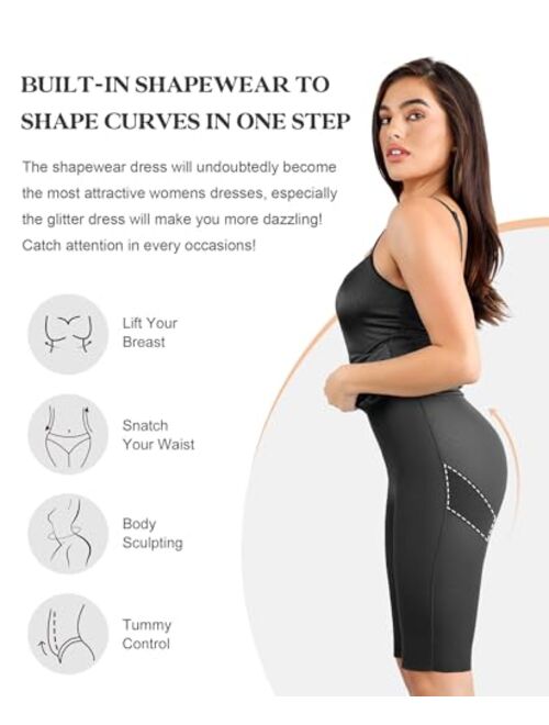 Popilush Shaper Dress with Built in Shapewear - Glitter Dress Bodycon Dresses for Women Sleeveless Maxi Club Party Dress