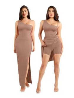 Popilush Shaper Dress One Shoulder Bodycon - High Slit Maxi Dress Built in Shapewear Women Sleeveless Casual Long Dresses