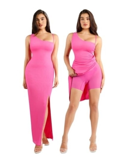 Popilush Shaper Dress One Shoulder Bodycon - High Slit Maxi Dress Built in Shapewear Women Sleeveless Casual Long Dresses
