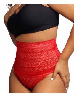 Popilush Lace Thong Shapewear for Women - Tummy Control High Waist Body Shaper Floral Lace Panties Underwear