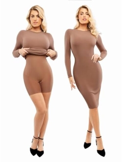 Popilush Shaper Dress with Build in Shapewear 9 in 1 Bodycon Mdi Dress for Women Lounge Long Sleeve Dresses for Fall Winter