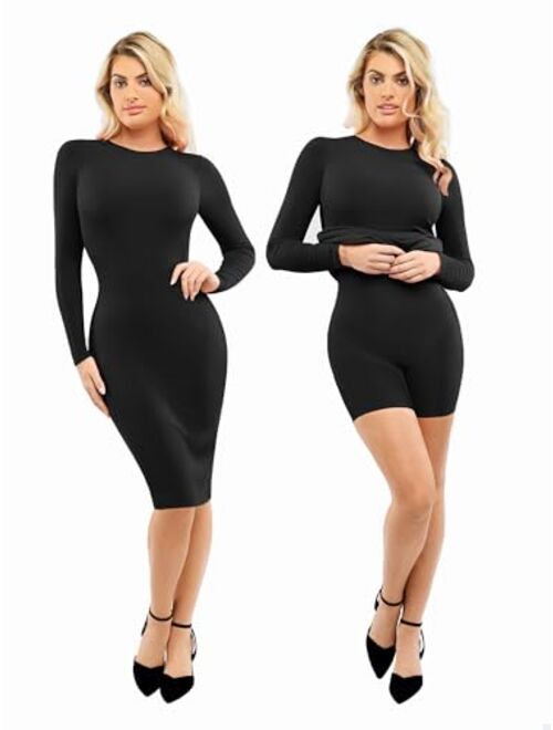Popilush Shaper Dress with Build in Shapewear 9 in 1 Bodycon Mdi Dress for Women Lounge Long Sleeve Dresses for Fall Winter