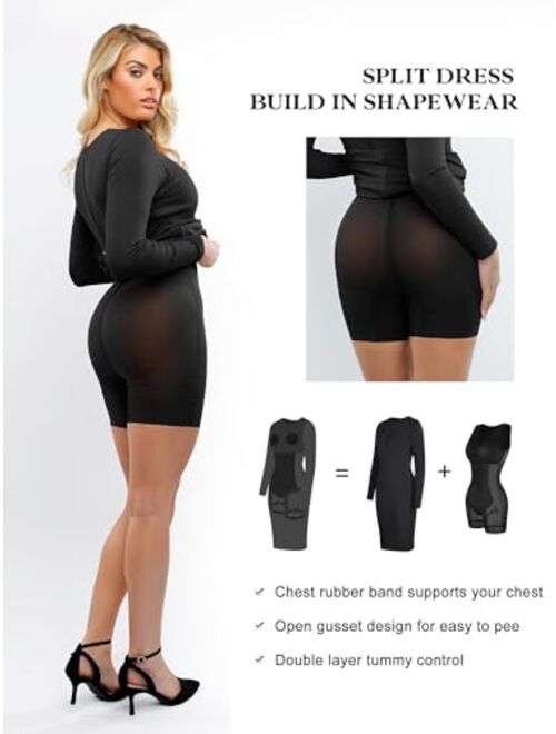 Popilush Shaper Dress with Build in Shapewear 9 in 1 Bodycon Mdi Dress for Women Lounge Long Sleeve Dresses for Fall Winter