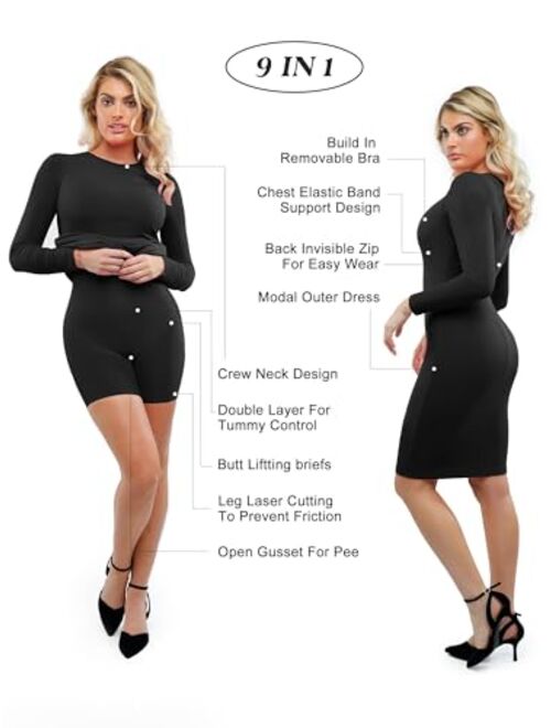 Popilush Shaper Dress with Build in Shapewear 9 in 1 Bodycon Mdi Dress for Women Lounge Long Sleeve Dresses for Fall Winter