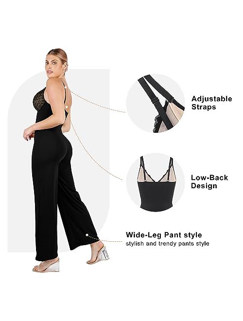 Popilush Lace Shapewear Jumpsuit for Women Built In Shapewear Backless V Neck Flare leggings Spaghetti Straps Wide Leg Romper