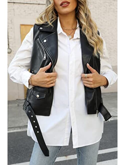 Giolshon Women Lapel Sleeveless Motorcycle Jacket, Zip Up PU Leather Vest with Belt Black