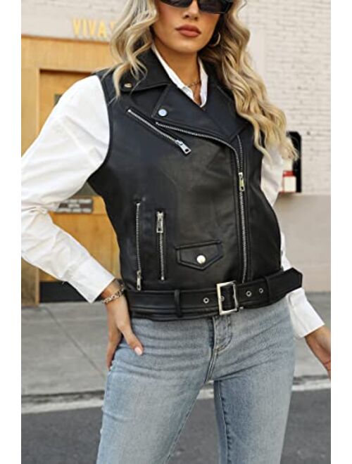 Giolshon Women Lapel Sleeveless Motorcycle Jacket, Zip Up PU Leather Vest with Belt Black