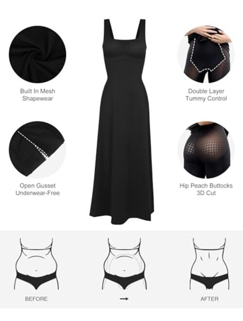 Popilush Shaper Dress Mini Slit Built in Shapewear Bra 8 in 1 Sleeveless Square Neck Bodycon Summer Dress for Women