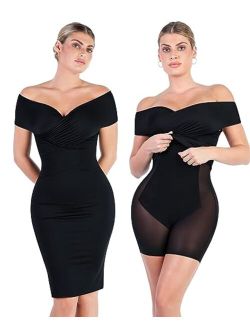 Popilush Shaper Dress with Built in Shapewear Off Shoulder V Neck Ruched Bodycon Midi Dress Party Club Fall Dress for Women