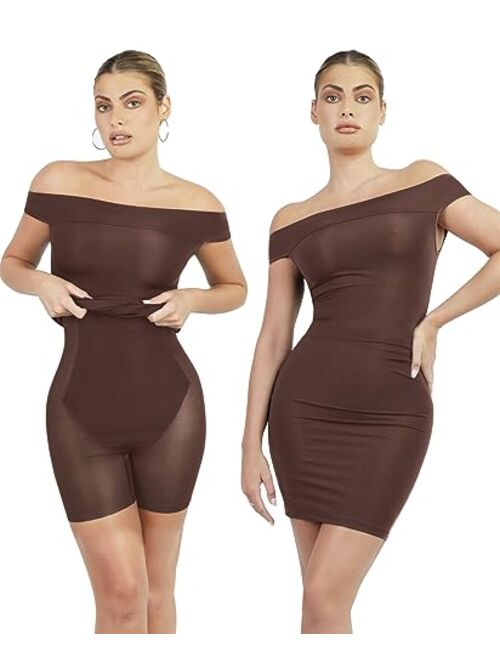 Popilush Shaper Dress with Built in Shapewear Off Shoulder V Neck Ruched Bodycon Midi Dress Party Club Fall Dress for Women