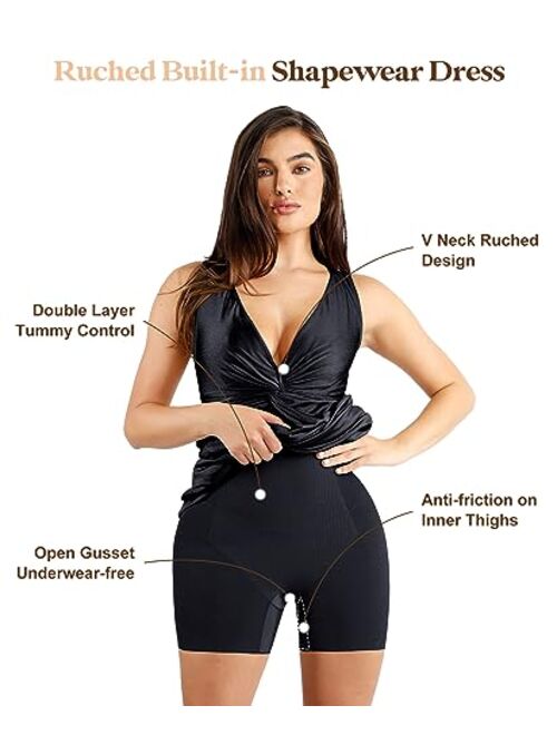 Popilush Shaper Dress Ruched Bodycon Dresses - Deep V Neck Maxi Formal Dresses Built in Shapewear Sleeveless Long Dress