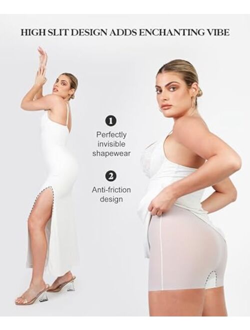 Popilush Lace Shaper Dress Built in Shapewear Deep-V Neck Satin Drape Slip Split Maxi Dress Bodycon Evening Long Dress