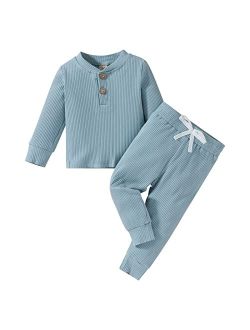 Fhutpw Toddler Boy Fall Clothes 2T 3T 4T 5T Outfits Winter Long Sleeve Knitted Cotton Tops & Pants Sets Solid Color