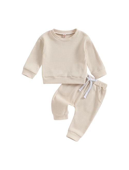 Ursobutegl Toddler Baby Boy Girl Fall Winter Outfits Waffle Knit Letter Printed Long Sleeve Sweatshirt Tops Pants Clothes Set
