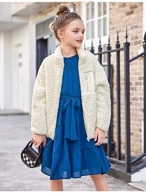 Arshiner Girls Fleece Jacket Sherpa Fall Winter Full Zip Fuzzy Coat Outwear with Pockets