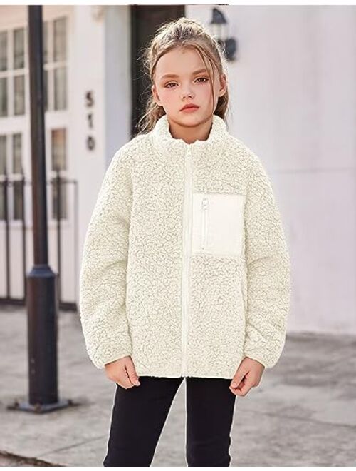 Arshiner Girls Fleece Jacket Sherpa Fall Winter Full Zip Fuzzy Coat Outwear with Pockets