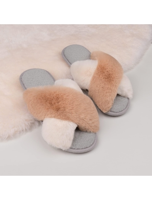 Zizor Women's Open Toe Fluffy Slippers with Memory Foam, Ladies' Cross Band House Shoes, Faux Fur Slip on Home Slippers for Indoor Outdoor