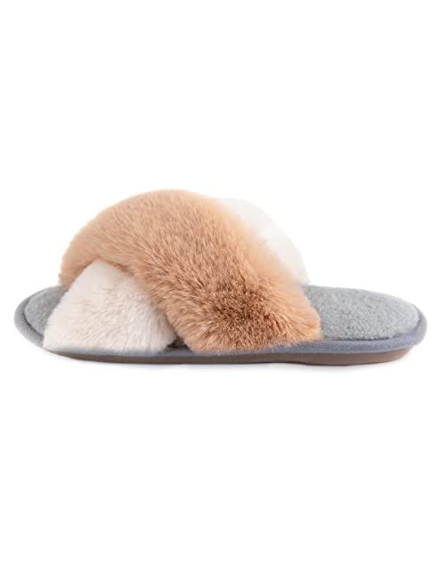 Zizor Women's Open Toe Fluffy Slippers with Memory Foam, Ladies' Cross Band House Shoes, Faux Fur Slip on Home Slippers for Indoor Outdoor