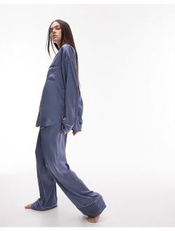 satin piped pajama shirt and pants in blue