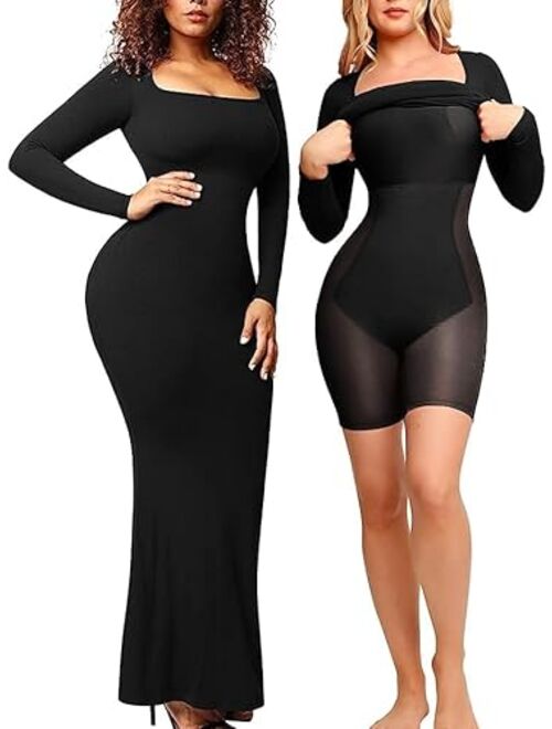 Popilush Shaper Dress Bodycon Maxi/Mini Built in Shapewear Bra 8 in 1 Women Lounge Long Sleeve Dresses