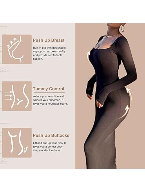 Popilush Shaper Dress Bodycon Maxi/Mini Built in Shapewear Bra 8 in 1 Women Lounge Long Sleeve Dresses