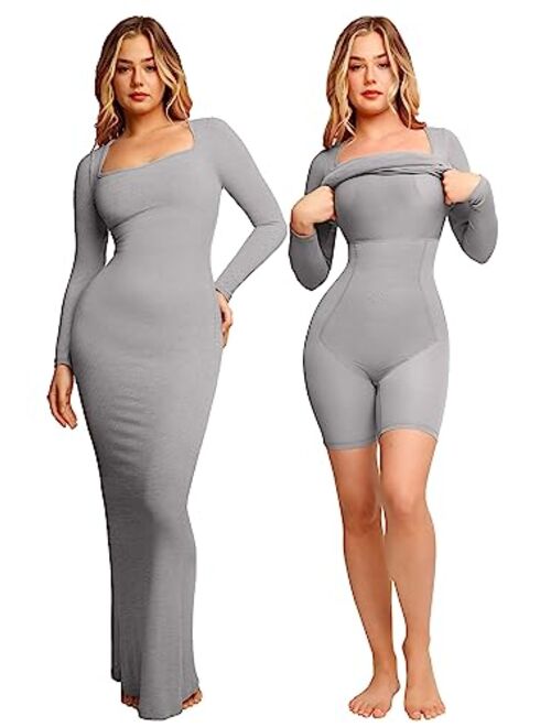Popilush Shaper Dress Bodycon Maxi/Mini Built in Shapewear Bra 8 in 1 Women Lounge Long Sleeve Dresses