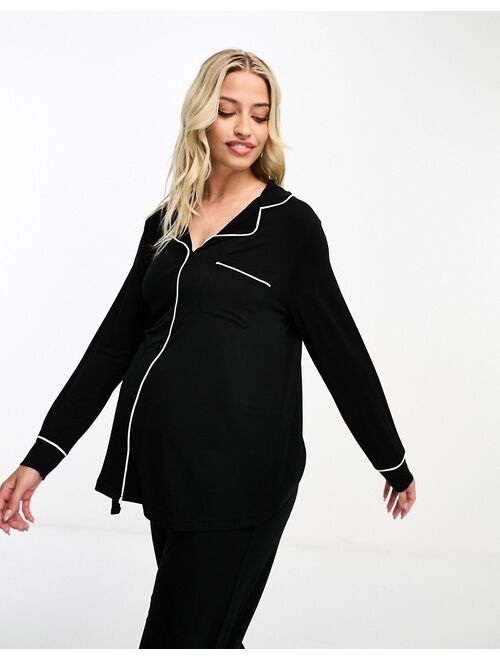 ASOS Maternity ASOS DESIGN Maternity viscose long sleeve shirt & pants pajama set with contrast piping in black