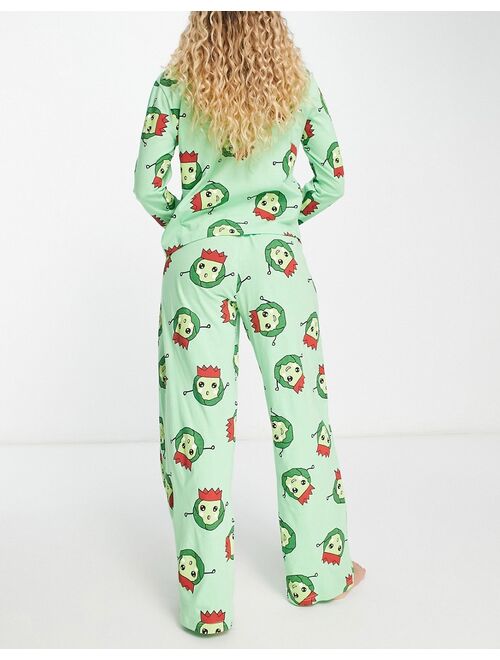 ASOS DESIGN Christmas brussels long sleeve top & pants pajama set in green