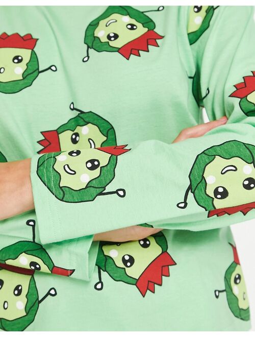 ASOS DESIGN Christmas brussels long sleeve top & pants pajama set in green