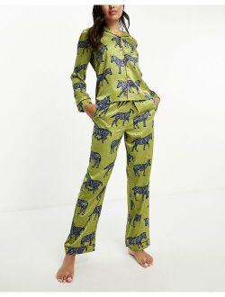 Chelsea Peers satin zebra print button top and pants pajama set in khaki