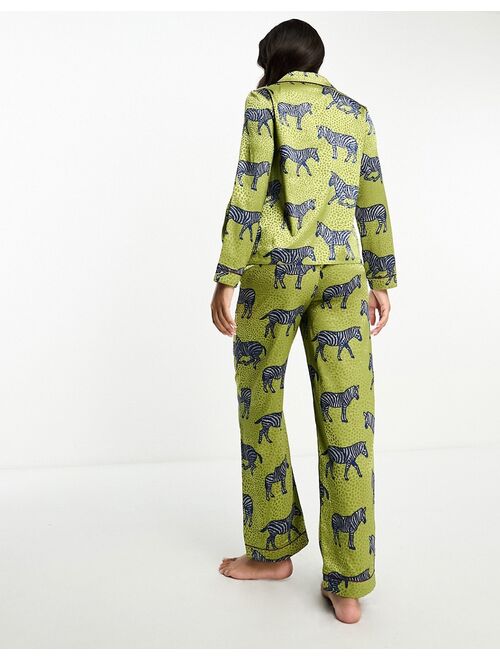 Chelsea Peers satin zebra print button top and pants pajama set in khaki