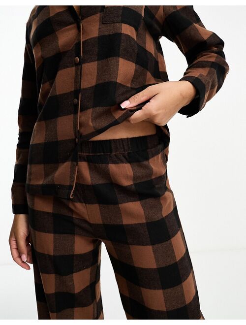 Loungeable brushed cotton long sleeve buttoned pajama pants set in checked chocolate brown