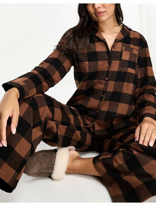 Loungeable brushed cotton long sleeve buttoned pajama pants set in checked chocolate brown