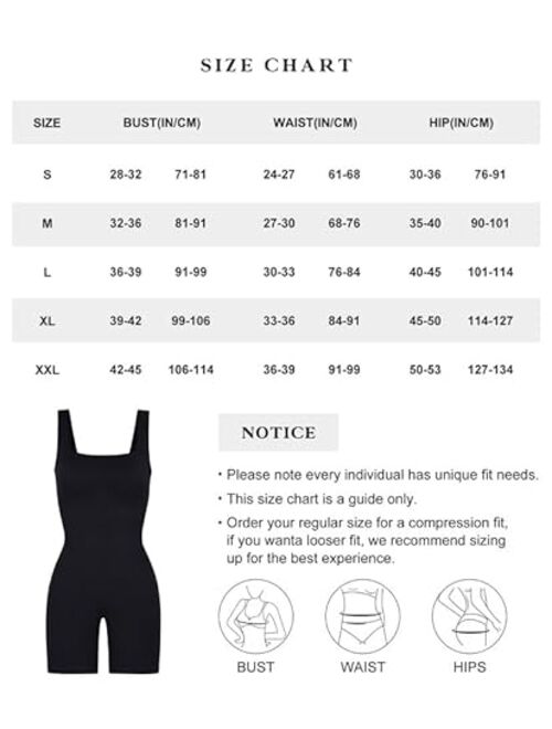 Popilush Jumpsuits for Women Built-In Bra Square Neck Tummy Control Seamless Tank Top Bodycon Stretch Romper Shorts