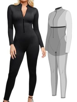Popilush Womens Jumpsuit with Built in Shapewear - Long Sleeve Sport Romper Turtleneck Workout Bodysuit with Zipper