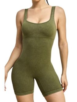 Seamless Romper for Women Ribbed Workout Square Neck Padded Bra One Piece Short Jumpsuit