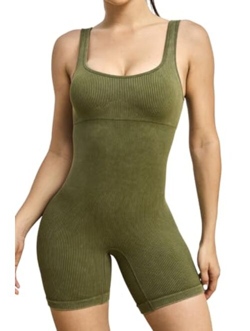 QINSEN Seamless Romper for Women Ribbed Workout Square Neck Padded Bra One Piece Short Jumpsuit