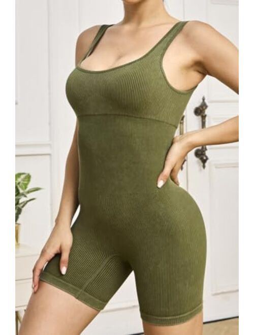 QINSEN Seamless Romper for Women Ribbed Workout Square Neck Padded Bra One Piece Short Jumpsuit